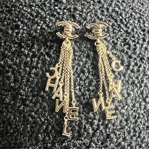 CHANEL Gold Chain Letter Earrings